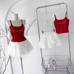 Set áo 2 dây đỏ thêu chân váy phối ren 4 tầng