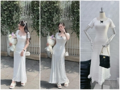 Đầm ôm body maxi ren hoa cổ vuông - Trắng