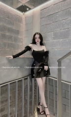 Đầm cúp ngực đính đá - găng tay lông vũ - (Freesize dưới 54kg) S