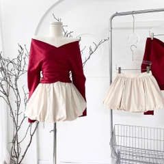 Set áo đỏ đắp chéo chân váy bí kem