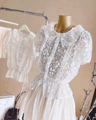 Set áo nude ren hoa chân váy xòe