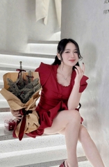 Đầm cổ tròn viền ren tay phồng xòe
