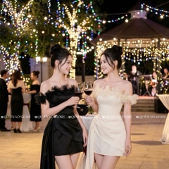 Đầm trễ vai hoa lụa chéo - Đen