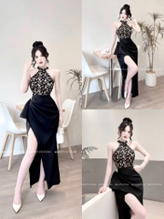 Đầm cổ yếm ren phối lụa ôm body - Đen