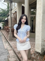 Áo sơ mi babydoll viền ren sọc - Xanh 1445