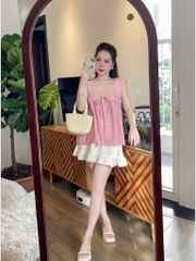 Set Babydoll áo ren hồng chân váy xòe  - S eo 64