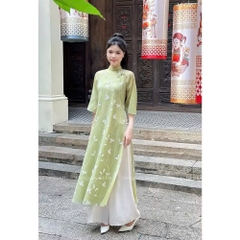 Set áo dài voan nude thêu hoa lá quần suông xanh