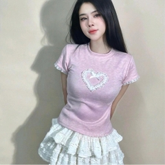 Set áo thun tim chân váy tầng kem