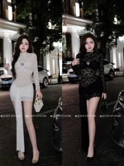 Đầm ôm body ren cổ cao - Trắng