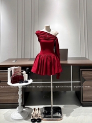 Đầm nhún lệch vai cột nơ - Đỏ
