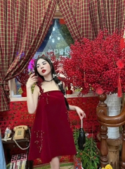 Đầm Babydoll nhung 2 dây đính ngọc