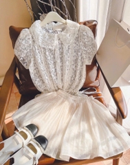 Set áo nude ren hoa chân váy xòe