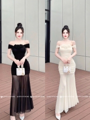 Đầm body trễ vai tà lưới - Đen