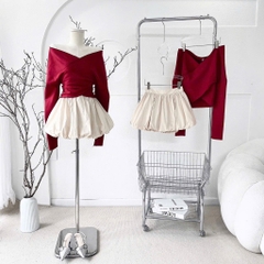 Set áo đỏ đắp chéo chân váy bí kem