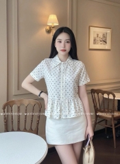 Áo sơ mi babydoll chấm bi trắng - cổ nhọn 1462