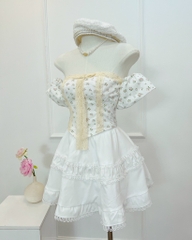Set áo hoa nhí cúp ngực chân váy viền ren