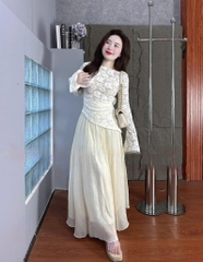 Set áo ren tay dài tà chéo chân váy tơ