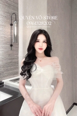 Đầm trễ vai lưới đính hoa - Trắng