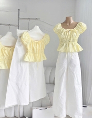 Set áo nhún tay phồng quần suông trắng