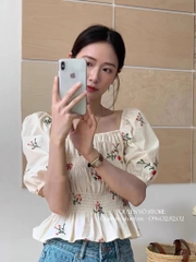 Áo nhún hoa thêu xanh