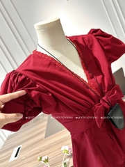 Set đỏ cổ V nơ ngực x short đen