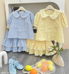 Set hoa nhí cổ sen chân váy - Xanh S