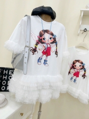 Đầm suông lai voan cô gái - trắng