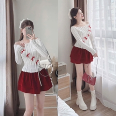 Set áo len lông bẹt vai đính nơ chân váy nhung