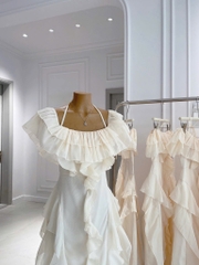 Đầm midi trễ vai kem