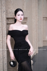 Đầm ôm body trễ vai đá ngực - Đen