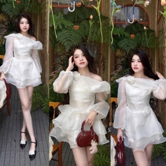 Đầm midi trắng tầng hoa vai td