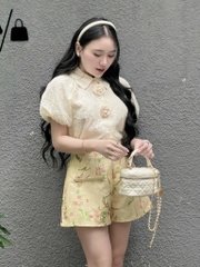 Set áo trắng ren hoa quần gấm