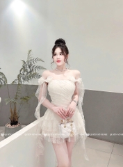 Đầm ren trễ vai hoa vai - Be