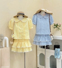 Set hoa nhí cổ sen chân váy - Xanh S