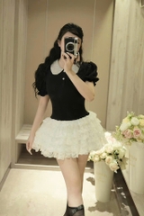 Đầm ren đen trắng cổ sen đá