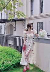Đầm midi nude in hoa