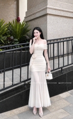 Đầm ôm body trễ vai đá ngực - Kem