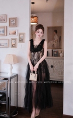 Đầm ren chân váy lưới sang chảnh - Đen