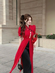 Set áo dài đỏ cách tân cổ tàu quần suông đen