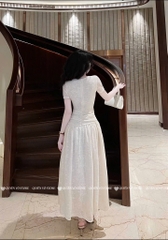 Đầm ren cổ vuông dáng dài - Be