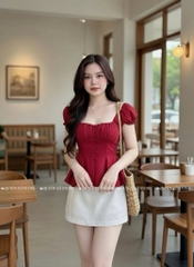 Áo ôm babydoll nút bọc - TRƠN ĐỎ