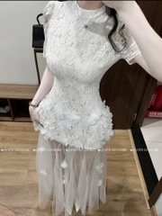 Đầm tay ngắn đuôi cá voan đính hoa - Kem