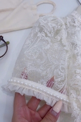 Set ren áo cổ tròn chân váy xếp