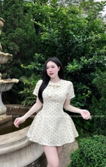 Đầm chấm bi xòe nơ cổ tròn