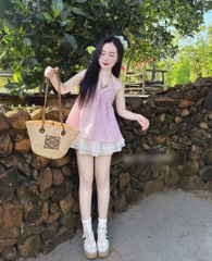 Set áo peplum sọc hồng cổ yếm chân váy xòe