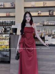 Đầm lụa 2 dây ngực xếp li đính hoa cổ