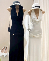 Đầm ôm body maxi thun ánh kim cổ đỗ trước