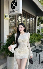 Đầm ren ôm body tay dài - Kem