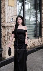 Đầm lụa 2 dây trễ vai - Đen