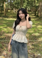 Áo nhún cổ vuông - chấm bi